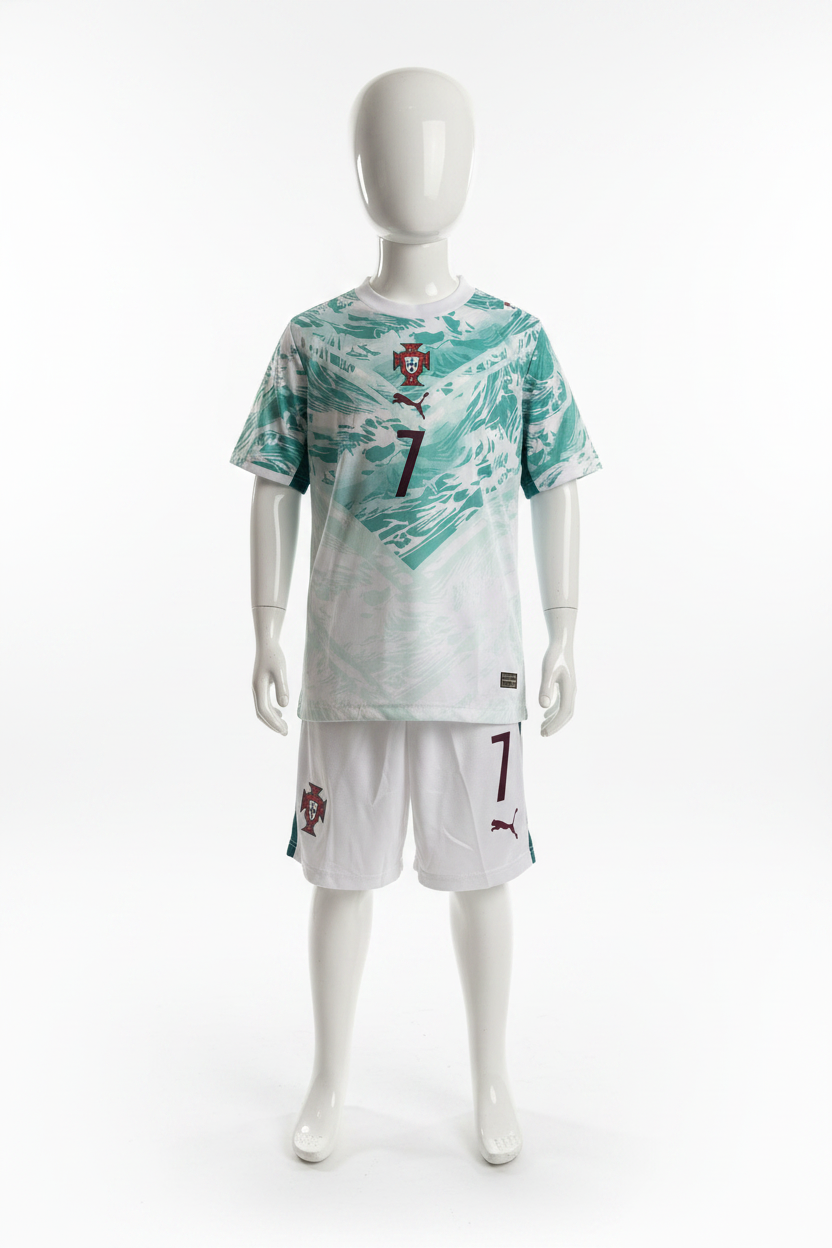 Portugal wit/teal kit voorkant op witte kinderpop